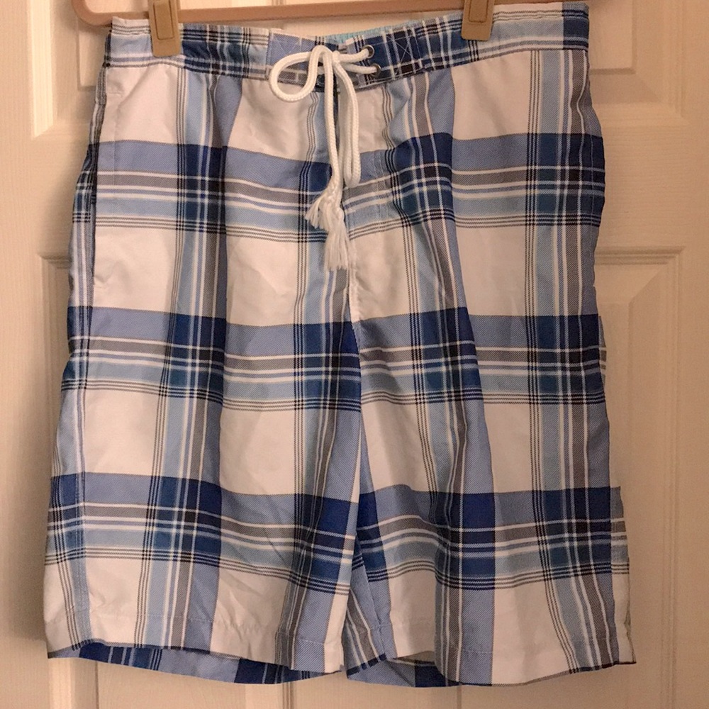 Royal Blue and White Plaid Swim Trunks